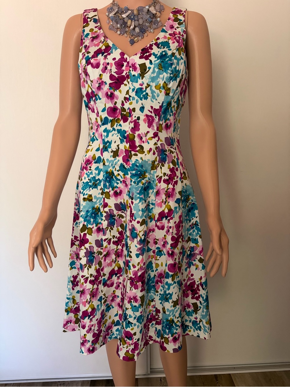 Lauren Ralph Lauren White Midi Dress with Pink & Blue Floral Print